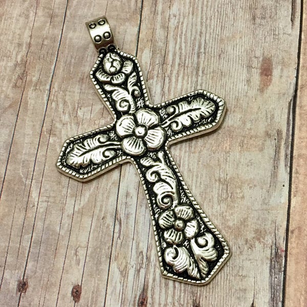 Cross Silver Ornate Floral Pewter Pendant Jewelry, Necklace and Jewelry Supply