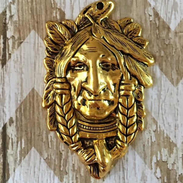 Indian Head Pendant Shiny Gold Pewter Boho Chic