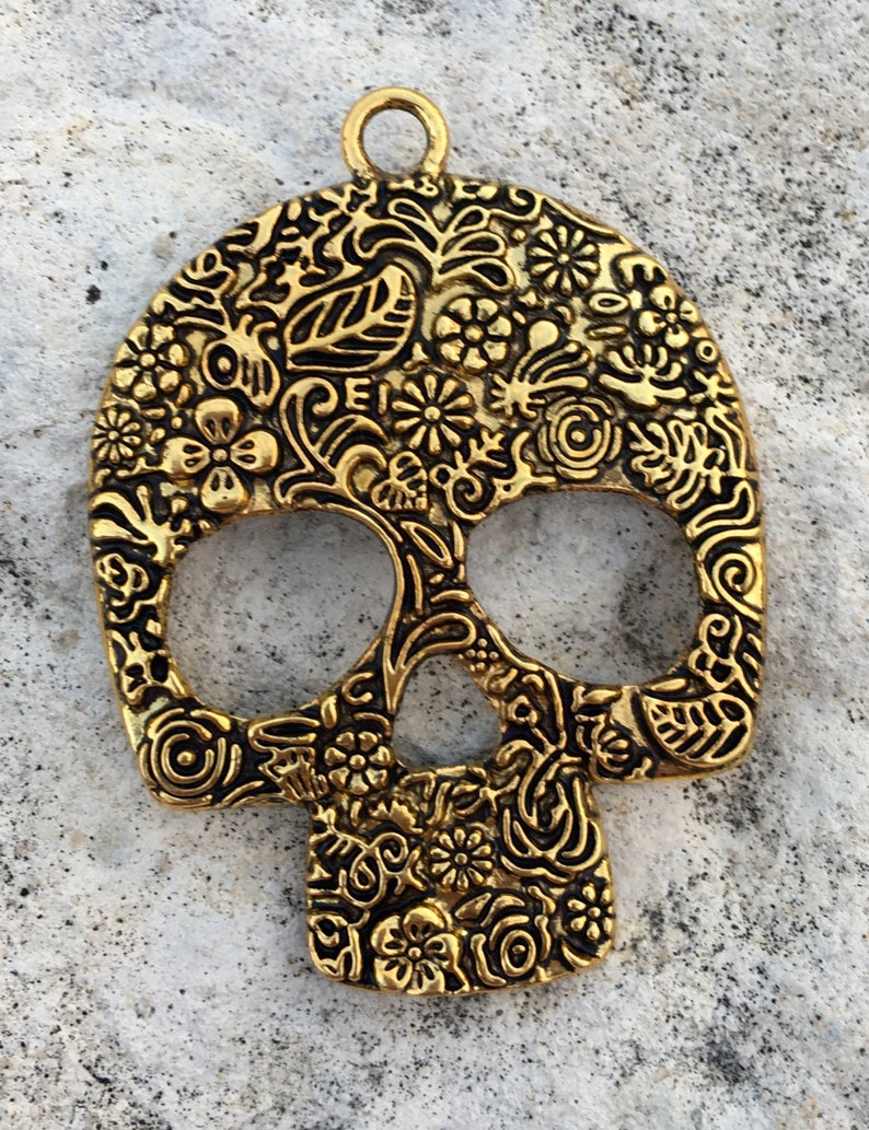 SKULL Large Shiny Gold Pewter Metal Ornate Pendant image 4