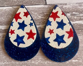 Red, White, Blue Stars Smaller 2 Inch Layered Faux Leather Teardrop Shapes, Earring Supplies DIY Jewelry (4 Pieces)