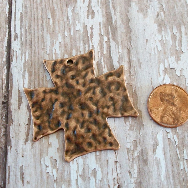 Antiqued Copper Hammered Pewter Square Cross Pendant (1 Hole)