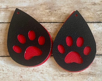 Dog Paw Cut Out Black Over Red DIY Earrings Small 2 Inch Size Faux Leather/Shapes Earring DIY Craft Jewelry (4 Pieces)