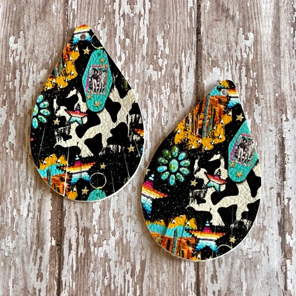 Make Earrings Western Cowhide, Turquoise SMALL 2 Inch Size FRINGE Teardrops Faux Leather Shapes/Earring DIY Craft Jewelry (2 Pieces)