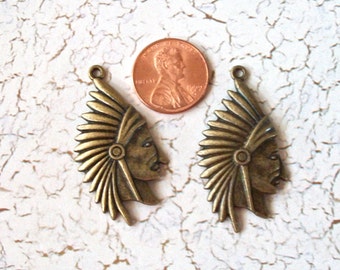 Indian Chief Head Pewter Antiqued Gold Bronze Perfect for Earrings Jewelry Supply (Two Pieces)
