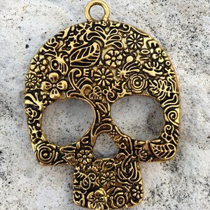 SKULL Large Shiny Gold Pewter Metal Ornate Pendant image 2