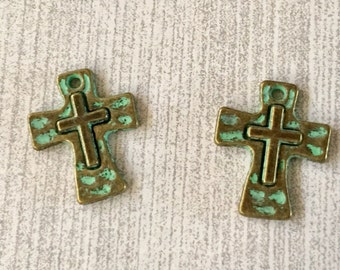 Crosses Tiny Gold with Turquoise GREEN Patina Perfect for Earrings