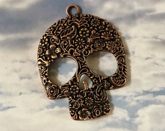 SKULL Large Antiqued Copper Pewter Metal Ornate Pendant