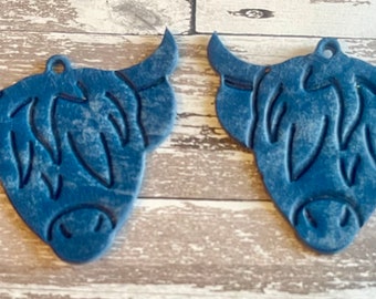 Embossed Highland Cow Head on Dark Blue Leather Teardrop Shapes 1 3/4 Inches Cut Outs/Earring Supplies/DIY Craft Jewelry (2 Pieces)