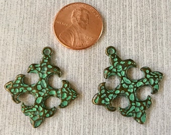 Crosses Small Pewter Hammered Square Turquoise GREEN Patina Antiqued Gold Perfect for Earrings (2 Pieces)