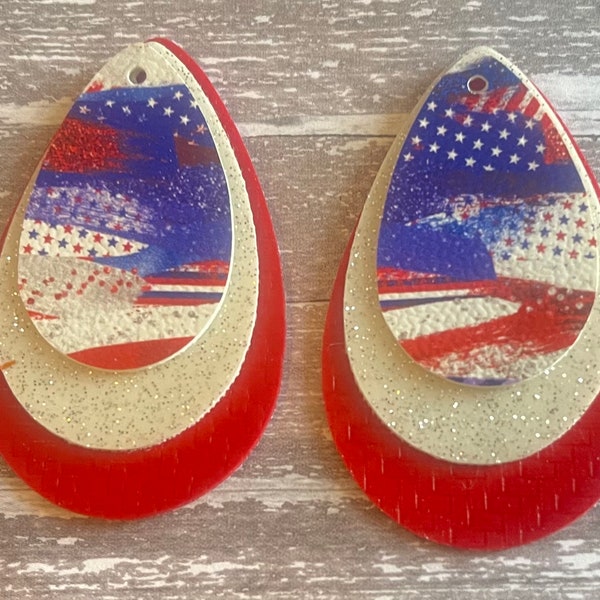 Red, White, Blue Patriotic Earring Blanks 2 Inch Size/Layered Faux Leather Shapes/Teardrop Cut Outs/Earring DIY  (6 Pieces)