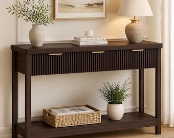 Fluted Console Table for Entryway, 3 Drawer Sofa Table, Walnut & Natural Wood Hallway Table, Farmhouse Foyer Living Room Decor Storage Unit