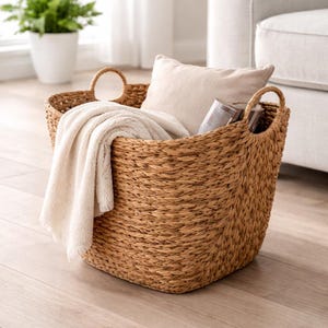 May include: A woven, square storage basket with two handles, filled with a cream-colored blanket, pillow, and rolled items. The basket is made of natural-colored woven material and sits on a light-colored wooden floor.