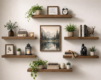 Wood Wall Mounted Shelves Set of 6, Storage Decor Shelves for Bedroom Living Room Bathroom Kitchen, Floating Wall Shelves