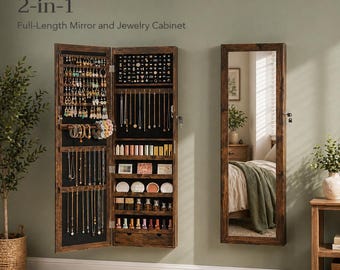 Mirror Jewelry Cabinet Wall Door Mounted Armoire with LED Lights Lockable Organizer 47 Inch with Drawers for Bedroom Gift
