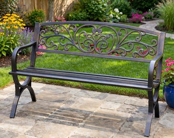 Cast Iron Metal Patio Bench, Floral Pattern Outdoor Seating for Garden Porch Yard, 50 Inch Decorative Arch Leg Outdoor Garden Bench