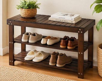 Handmade Bamboo Shoe Rack Bench 3 Tier Wooden Shoe Organizer, Entryway Storage Shelf, Heavy Duty 300lbs Shoe Bench, Bamboo & Brown Decor Set