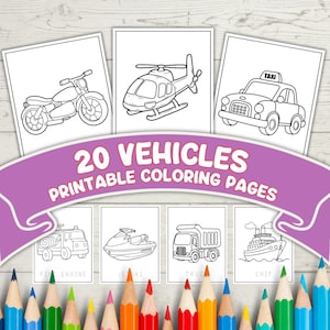 20 Vehicles Coloring Pages, Coloring Pages For Kids, Printable Coloring Book, Vehicle, Kids Coloring Sheets, Digital