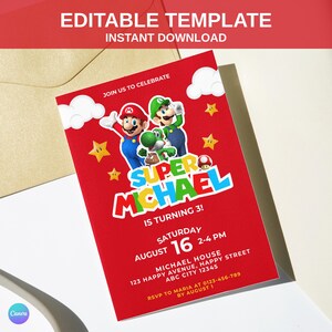 Editable Mario Bros Birthday Invitation Template, Super Mario Party Printable, Any Age birthday Invite, Canva Template, Instant Download