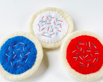 Felt patriotic cookie set - red white blue toy sugar cookies for pretend play - READY TO SHIP