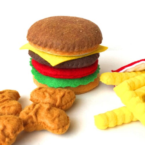 Felt food, Hamburger french fries chicken nuggets set, eco friendly pretend play food play kitchen, felt hamburger, felt bbq, toy hamburger
