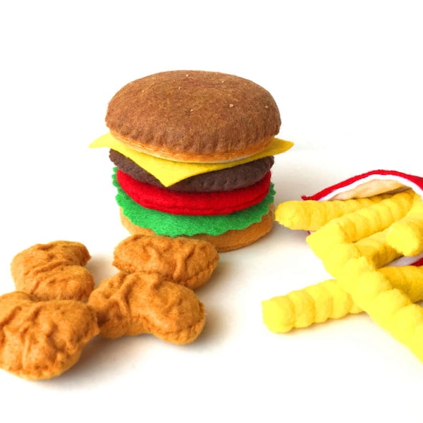 Felt food, Hamburger french fries chicken nuggets set, eco friendly pretend play food play kitchen, felt hamburger, felt bbq, toy hamburger