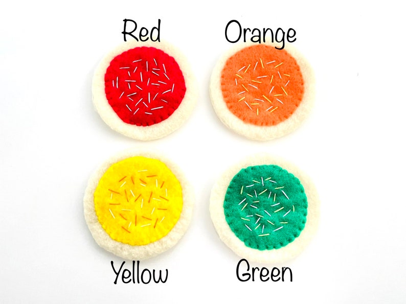 Felt sugar cookie handmade play kitchen accessories felt food 1 cookie or 7 rainbow color cookies toddler color learning toy image 6