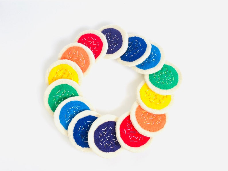 Felt sugar cookie handmade play kitchen accessories felt food 1 cookie or 7 rainbow color cookies toddler color learning toy image 1