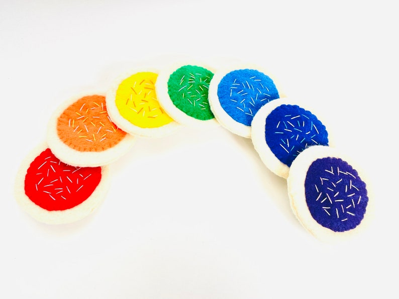 Felt sugar cookie handmade play kitchen accessories felt food 1 cookie or 7 rainbow color cookies toddler color learning toy rainbow