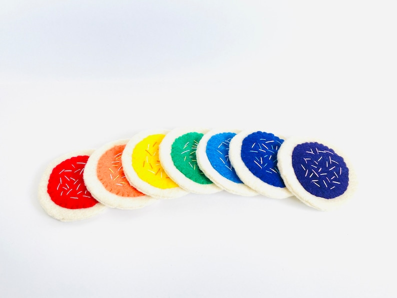 Felt sugar cookie handmade play kitchen accessories felt food 1 cookie or 7 rainbow color cookies toddler color learning toy image 3