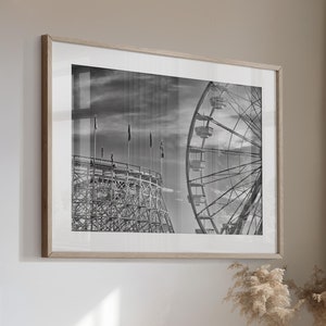 Ferris Wheel Print and Roller Coaster in Amusement Park, Ferris Wheel Photo Art Canvas or Print