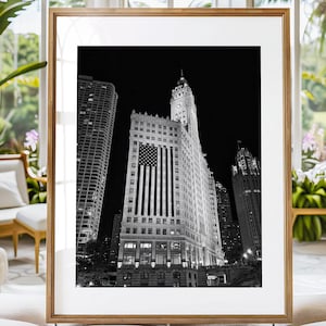 Chicago Wrigley Building, Chicago River Terra Cotta Building, Photo USA Flag Art Print Canvas or Print