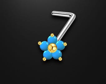 Gold Plated L-Shaped Nose Ring Stud with Flower and Turquoise Tiny Delicate Nose Piercing Nose Hugger 18G Nose Jewelry Stud