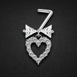 Silver Plated L-Shaped Nose Ring Stud with Heart and Crystals Elegant Small Nose Pin Delicate Nose Screw Jewelry Dainty Nose Accessory