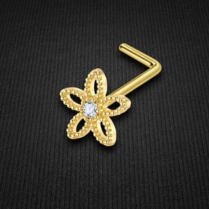 Gold Plated L-Shaped Nose Ring Stud with Flower and Crystals Delicate Nose Screw Tiny Nose Piercing Jewelry Nose Hugger Design
