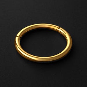 May include: A gold-colored, circular hinged bracelet. The bracelet has a smooth, polished surface and a seamless design. The jewelry is shown against a dark background, highlighting its metallic sheen. The bracelet appears to be approximately 2.5 inches in diameter.