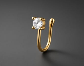 Sterling Silver Nose Cuff with Crystal Clip On Nose Ring Temporary Nose Jewelry Fake Nose Hugger Faux Piercing Accessory Gold Plated