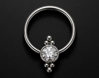 Titanium Captive Bead Ring with Zirconia and Six Beads Piercing CBR BCR Hoop Nose Septum Earring Jewelry for Daith and Cartilage Silver