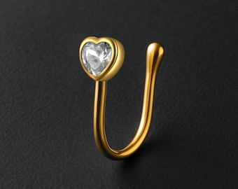 Sterling Silver Nose Cuff with Heart Fake Septum Ring Non Piercing Nose Hugger Nose Decoration Faux Nose Jewelry Accessory Gold Plated