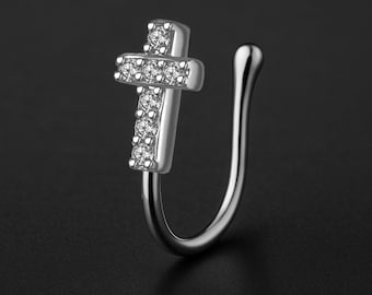 Silver Plated Nose Cuff with Cross Nose Decoration Faux Septum Piercing Clip On Fake Nose Ring Temporary Nose Jewelry
