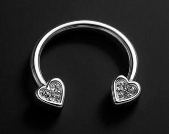 Surgical Steel Horseshoe Ring with Crystal Hearts Horseshoe Piercing Helix Hoop Tragus Conch Jewelry Body Ring Design Silver