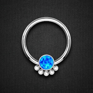 Titanium Captive Bead Ring with Blue Opal and Five Beads Septum Earring Daith Jewelry CBR BCR Nose Hoop Piercing Hoop Barbell Silver
