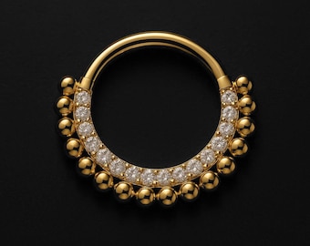 Titanium Clicker Ring with Beads and Crystals Daith Earring Nose Hoop Septum Jewelry Nose Piercing Hoop Ring Jewelry and Accessories Gold