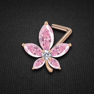 Gold Plated L-Shaped Nose Ring Stud in Crystal Flower Style Nose Pin Nose Screw Piercing Jewelry Crystal Design Nose Accessory