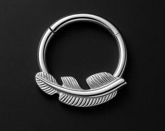 Titanium Clicker Ring with Feather Figure Daith Hoop Nose Septum Piercing Hoop Earring Body Jewelry Jewelry and Rings Silver