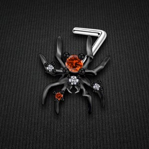 Black Oxide L-Shaped Nose Ring Stud in Spider Style and Gemstone CZ Nose Jewelry L Shape Nostril Piercing Ring Jewelry