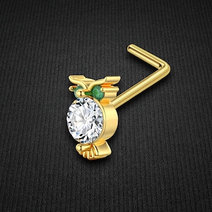 Gold Plated L-Shaped Nose Ring Stud in Crystal Owl Style Small Nose Ring Delicate Nostrils Jewelry Nose Piercing Pin Accessory