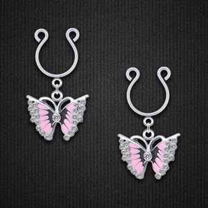 Silver Plated Nipple Clips with Pink Butterflies and CZ Fetish Jewelry Featuring Adjustable Nipple Clamps Sexy Fake Piercing Accessories