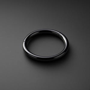 Può includere: Un anello circolare nero lucido con chiusura a segmento incernierato senza cuciture. La superficie metallica ha una finitura ad alta lucentezza che riflette la luce, creando un design a fascia liscio e continuo per vari piercing corporei.
