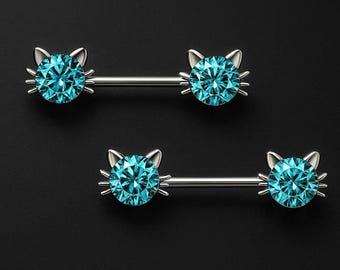 Surgical Steel Nipple Jewelry with Crystal Cat Face Straight Barbell Body Jewelry Nipple Piercing Adornments Fetish Accessories Silver