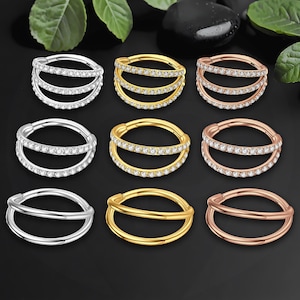 Anello a clic in titanio con doppio cerchio triplo, orecchino per cartilagine, orecchino a clic, piercing a conchiglia, piercing all'elica, cerchio a rook, argento, oro